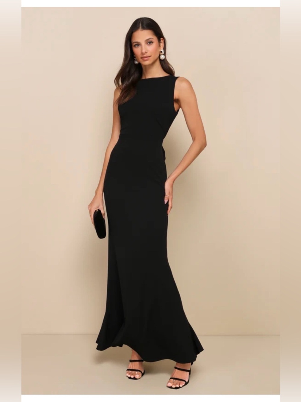 Lulu's Black Sleeveless Gown: Exquisite Refinement Black Backless Bow Maxi Dress